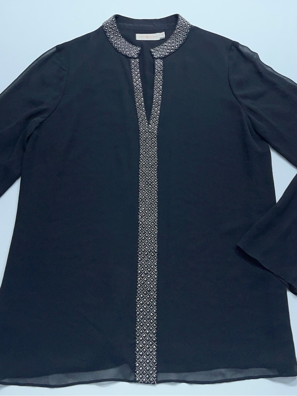 Tory Burch Silk Blouse Womens Size 10 Black Embellished Long Sleeve Front Lined